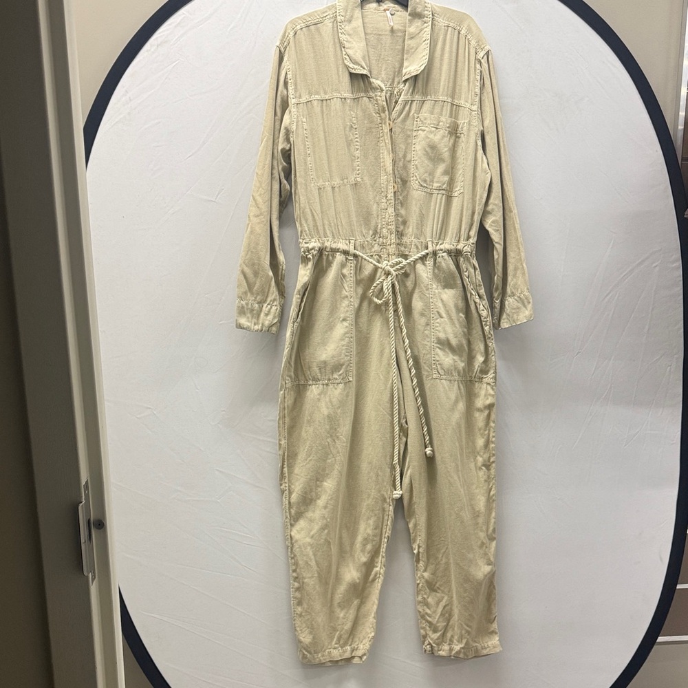 Free People Tan Quinn Coverall/Jumpsuit with Drawstring Waist